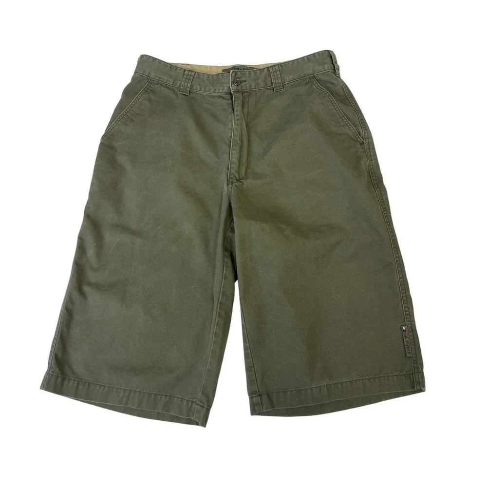 Y2K Tommy Hilfiger 2000 Mens Olive Green Cargo Shorts 33x14 Vintage Utility